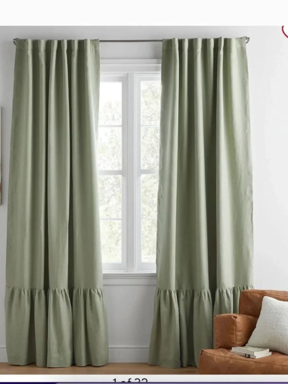 1 Pottery Barn Teen 100% Linen blackout Ruffle Curtain Panel Sage Green 52x96